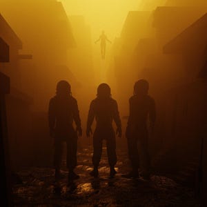 Puede incluir: Imagen art&iacute;stica, renderizada digitalmente, que representa tres figuras en silueta, vestidas con trajes espaciales, de pie en un entorno oscuro y desolado. Sobre ellos, una figura solitaria flota en el aire, ba&ntilde;ada en una luz dorada y brumosa.