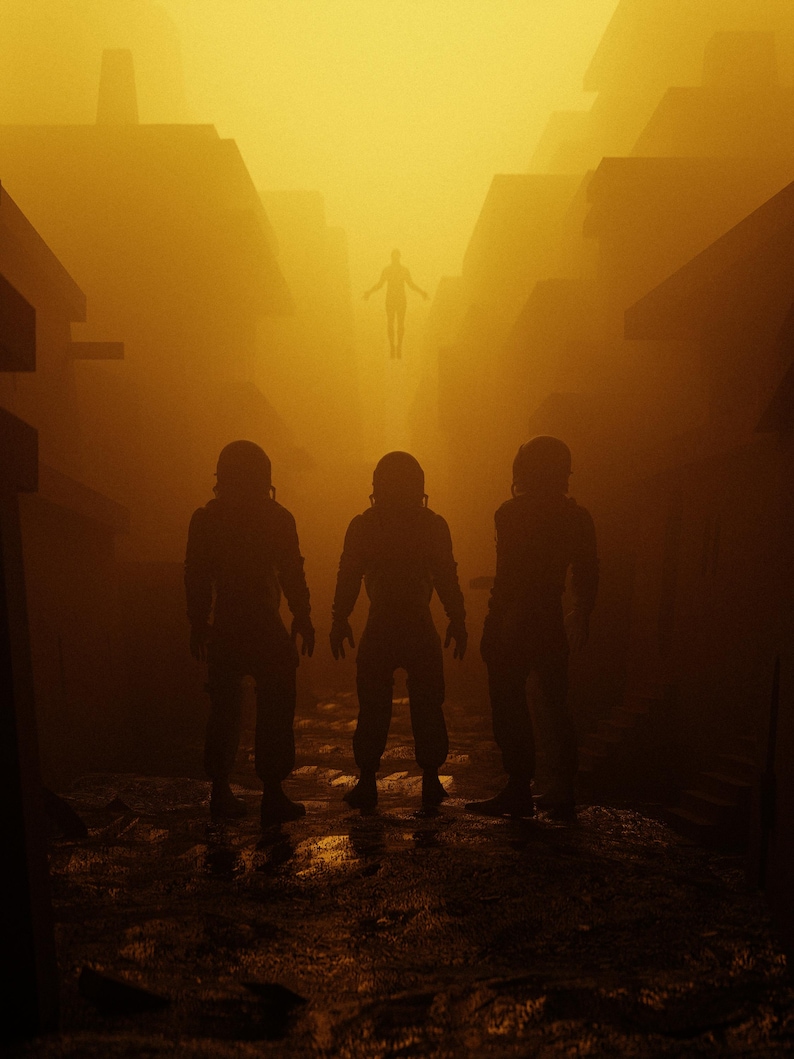Puede incluir: Imagen art&iacute;stica, renderizada digitalmente, que representa tres figuras en silueta, vestidas con trajes espaciales, de pie en un entorno oscuro y desolado. Sobre ellos, una figura solitaria flota en el aire, ba&ntilde;ada en una luz dorada y brumosa.
