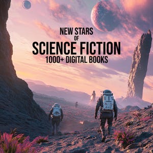 May include: An artistic digital image promoting science fiction books. The image features two astronauts walking on a purple and gray planet surface, with a large rock formation and two planets in the sky. The text reads "NEW STARS OF SCIENCE FICTION 1000+ DIGITAL BOOKS."