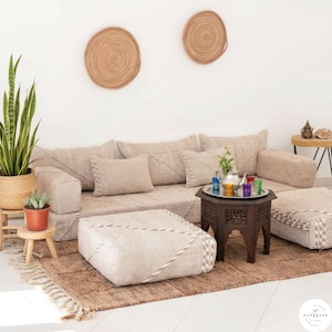 Sofá de suelo marroquí tejido a mano de primera calidad - Sofá de suelo marroquí, juego de cojines de sofá de suelo Puf Beni Ourain sofá azul (sin relleno) / Duty Free