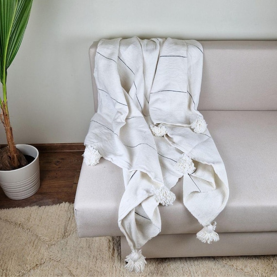 モロッコ直輸入 ポンポンブランケット 綿100% ベージュ：モロッコ