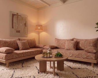 Terracota Moroccan Handmade Wool Sofa with Foam & Solid Cedar Wood Base , Modern Boho Living Room Furniture