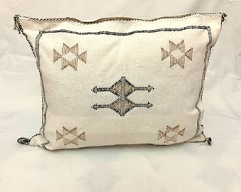 White Silk pillows , moroccan pillow  , Moroccan lumbar pillow , Handmade cactus silk pillow , moroccan throw