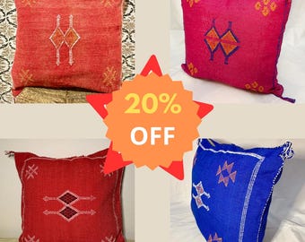 Set of 4 Moroccan Cactus Silk Pillows: Handmade Berber Embroidered Cushion Covers