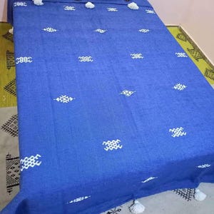 Blue Moroccan wool Blanket,Moroccan Blanket,Moroccan Throw Blanket, Pom Poms, Boho Blanket,Bed Cover,