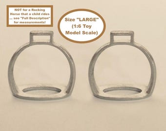HORSING AROUND BRAND Size "Large" Old Style Rocking Horse Stirrups (Size Large = One Sixth / 1:6 Model Scale) ~ Pewter/Silver-toned