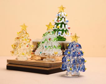 Set di statuette per albero di Natale in vetro fatte a mano, ornamenti natalizi in vetro fuso con stella, decorazione da tavola per le feste, regalo di Natale da collezione