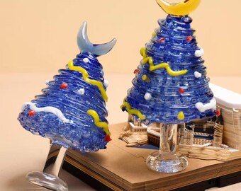Statuine per albero di Natale in vetro blu fatte a mano, ornamenti natalizi in vetro fuso con puntale a forma di luna, decorazione per la tavola delle feste, regalo di Natale unico