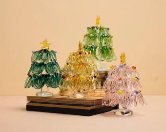 Set di statuette per albero di Natale in vetro fatte a mano, ornamenti natalizi in vetro fuso con stella, decorazione da tavola per le feste, regalo di Natale unico