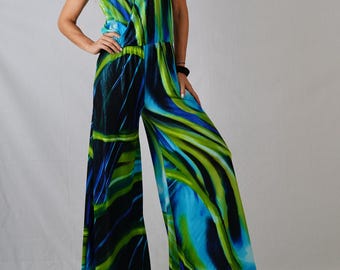 Women's 70's inspired Green/Blue Printed Wrap Top Flared Leg Jumpsuit