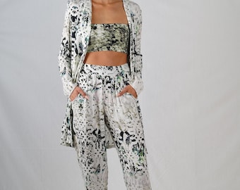 Women's 3 pc Printed Lightweight Jacket and Pant set. Designer Inspired Contemporary Brand
