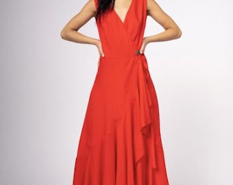 Women's Red Ruffled Wrap midi Dress