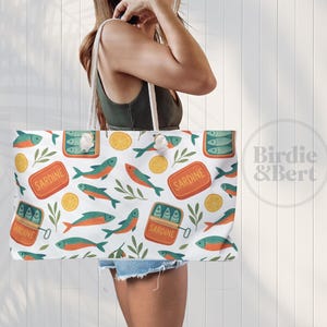 Sardine Weekender Bag | Sardines in Tin Print | Can of Sardines Travel Tote | Retro Fisherman Aesthetic Bag | Sardines Bag for Summer