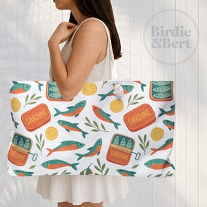 Sardine Weekender Bag | Sardines in Tin Print | Can of Sardines Travel Tote | Retro Fisherman Aesthetic Bag | Sardines Bag for Summer