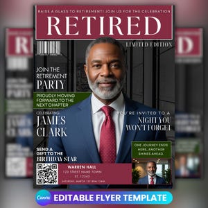Puede incluir: Un folleto para una fiesta de jubilación con la palabra "RETIRED" en letras grandes y en negrita. El folleto presenta un retrato de un hombre con traje y corbata, con texto que invita a los invitados a una fiesta de jubilación. El folleto incluye el texto "Únete a la fiesta de jubilación".
