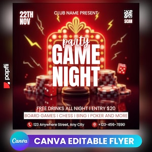 Game Night Party Flyer: Editable Canva Template (Social Media & Print)