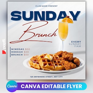 Editable Sunday Brunch Flyer Template, Club Flyer, Restaurant Marketing, Bar and Grill, Brunch Event, Chef Flyer, Chicken and Waffles