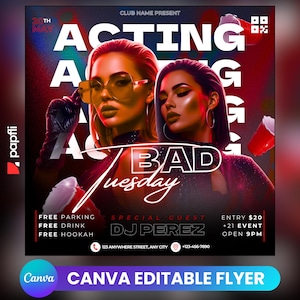 Acting Bad Tuesday Party Flyer, Customizable Club Event Flyer Design, DJ Night Flyer, Digital Party Promotion Template