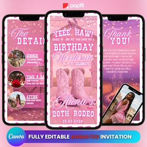 Animierte Pink Hoedown-Einladung, bearbeitbare Vorlage, Wild-West-Video einladen, Cowboy-Themen-Evite, vorgefertigte Country-Western-Feier