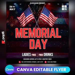 Editable Memorial Day Party Flyer, Memorial Day Weekend Club Flyer, Club Party Flyer, Summer Party Flyer, Adult Nightclub Event Flyer, Canva
