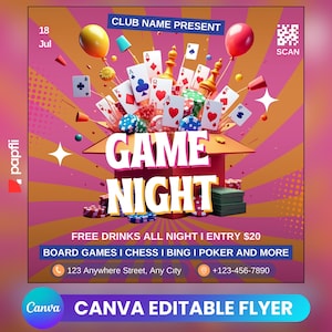 Game Night Party Flyer: Editable Canva Template (Digital Download)