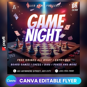 Game Night Party Flyer: Editable Social Media Invitation (Canva Template)