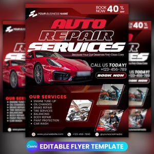 以下が含まれることがあります： 赤と黒の自動車修理サービスチラシ。赤いスポーツカーが描かれています。「自動車修理サービス」の文字と、エンジンのチューニング、オイル交換、ブレーキ修理などのサービスが記載されています。今すぐ予約するよう促すアクションも含まれています。