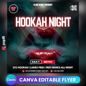 Moderne waterpijploungeflyer: rookfeestposter, bewerkbare canvassjabloon