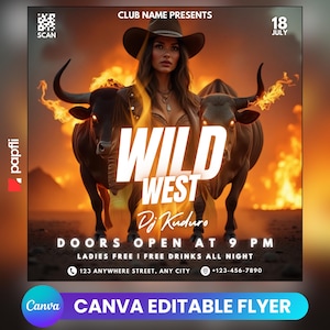 Western Party Flyer, Social Media Western Party Announcement, Editable Western Invitation, DIY Canva Template, Birthday Western Party Canva