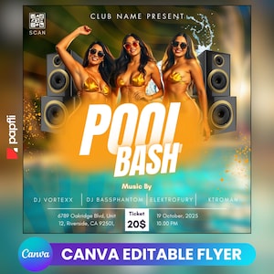 Folleto de fiesta en la piscina/Anuncio de fiesta en la piscina en las redes sociales Invitación editable para la piscina de verano/Plantilla de Canva DIY/Fiesta de cumpleaños en la piscina de verano Canva