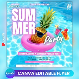 Folleto de fiesta en la piscina/Anuncio de fiesta en la piscina en las redes sociales Invitación editable para la piscina de verano/Plantilla de Canva DIY/Fiesta de cumpleaños en la piscina de verano Canva