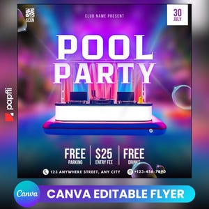 Folleto de fiesta en la piscina/Anuncio de fiesta en la piscina en las redes sociales Invitación editable para la piscina de verano/Plantilla de Canva DIY/Fiesta de cumpleaños en la piscina de verano Canva
