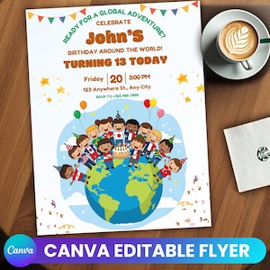 Rond de wereld verjaardagsuitnodiging sjabloon, bewerkbare flyer, wereld vlaggen ontwerp uitnodigen, reizen feest Evite, premade avontuur verjaardagsfeestje