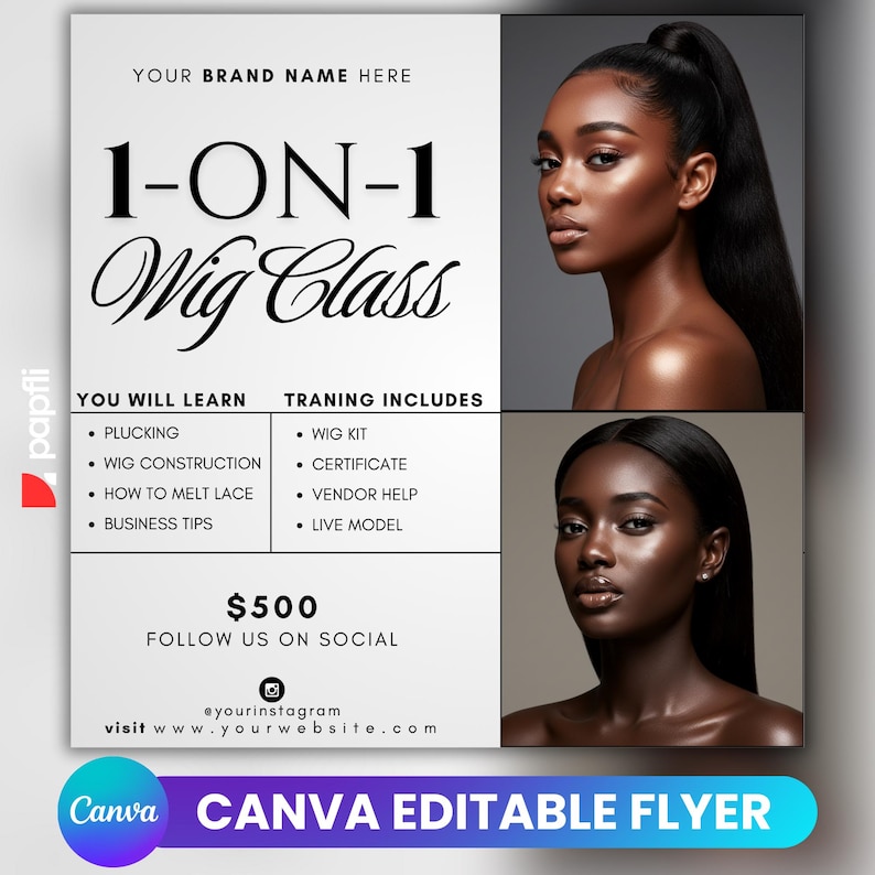 Puede incluir: Un folleto promocional para una clase de pelucas, con dos im&aacute;genes de mujeres con el pelo peinado. El folleto incluye el texto "1-ON-1 Wig Class" y enumera temas como el desplumado, la construcci&oacute;n de pelucas y c&oacute;mo derretir el encaje. El folleto tambi&eacute;n incluye el texto "Canva Editable Flyer."