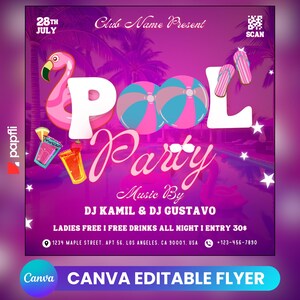 Folleto de fiesta en la piscina/Anuncio de fiesta en la piscina en las redes sociales Invitación editable para la piscina de verano/Plantilla de Canva DIY/Fiesta de cumpleaños en la piscina de verano Canva