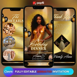 Animated Birthday Dinner Video Invitation, Editable Template, Instagram Story Invite, Premade Gold Party Celebration Event Digital Einvite