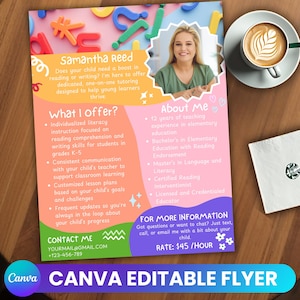 Tutoring Flyer for Kindergarten, Summer Tutor Flyer, Instant Download, Editable Canva Template, Elementary Tutor Page, School Tutor Page