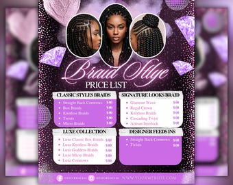 Folleto de precios de Braids: Hoja de precios editable para salón de belleza (Plantilla de Canva para descarga digital)