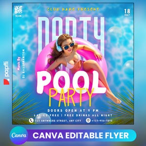 Folleto de fiesta en la piscina/Anuncio de fiesta en la piscina en las redes sociales Invitación editable para la piscina de verano/Plantilla de Canva DIY/Fiesta de cumpleaños en la piscina de verano Canva