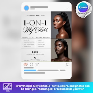 Puede incluir: Un gr&aacute;fico estilo Instagram que promociona una clase de pelucas 1-a-1. El dise&ntilde;o presenta texto, como "1-ON-1 Wig Class", e informaci&oacute;n sobre el contenido del curso. Tambi&eacute;n se incluyen dos im&aacute;genes de mujeres con cabello largo y oscuro.