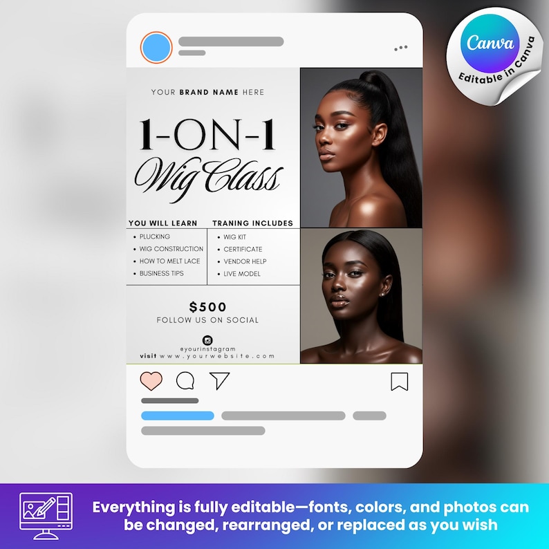 Puede incluir: Un gr&aacute;fico estilo Instagram que promociona una clase de pelucas 1-a-1. El dise&ntilde;o presenta texto, como "1-ON-1 Wig Class", e informaci&oacute;n sobre el contenido del curso. Tambi&eacute;n se incluyen dos im&aacute;genes de mujeres con cabello largo y oscuro.