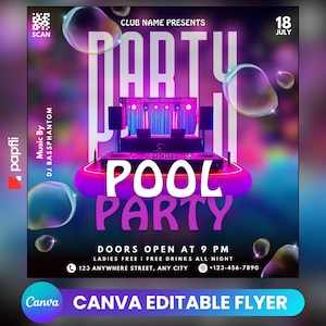 Folleto de fiesta en la piscina/Anuncio de fiesta en la piscina en las redes sociales Invitación editable para la piscina de verano/Plantilla de Canva DIY/Fiesta de cumpleaños en la piscina de verano Canva