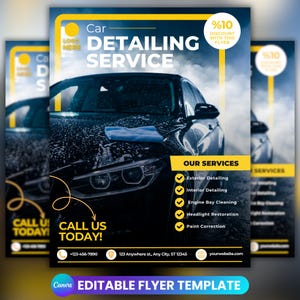 Op de afbeelding: Een flyer voor een autoreinigingsservice. De afbeelding toont een zwarte auto met zeep en een blauwe doek. Tekst omvat "Car Detailing Service", "Onze diensten" en "Bel ons vandaag!" met contactgegevens en 10% korting.