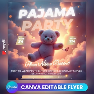 Volantino modello Canva per pigiama party Bears, volantino carino modificabile, perfetto per pigiama party per bambini, post di Instagram, post sui social media
