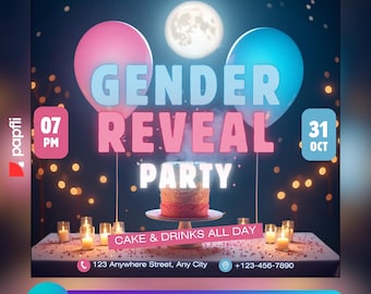 Gender Reveal Party Flyer: Editable Canva Template, Social Media Post