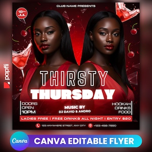 Thirsty Thursday Party Flyer, Editable Flyer Template, Ladies Night DJ Event Flyer, Premade Promotional Night Club Cocktail Party Flyer