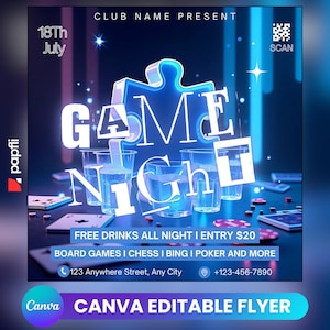 Game Night Party Flyer: Editable Social Media Invitation (Canva Template)