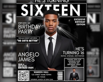 Invitación para revista de cumpleaños número 16: Volante para fiesta masculina (Canva editable)