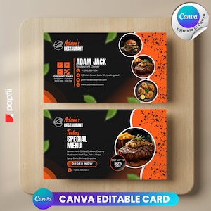 May include: Two-sided business card design for Adam's Restaurant. The card features a black background with orange accents and food images. The front displays the restaurant's name, owner's details, and contact information. The back showcases the daily special menu.