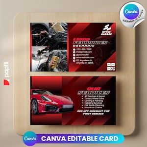 Puede incluir: Tarjetas de visita para un mecánico, con un diseño rojo y negro. La tarjeta superior muestra el nombre del mecánico, información de contacto y una silueta de coche. La tarjeta inferior enumera los servicios y un coche deportivo rojo.